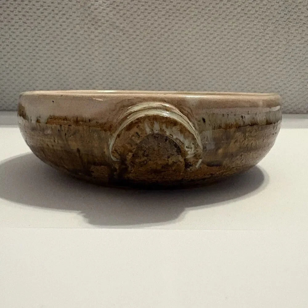 Art Studio Pottery Brown Wide Bowl Dish Folk Art Decor Artist Signed 7.5x2.25